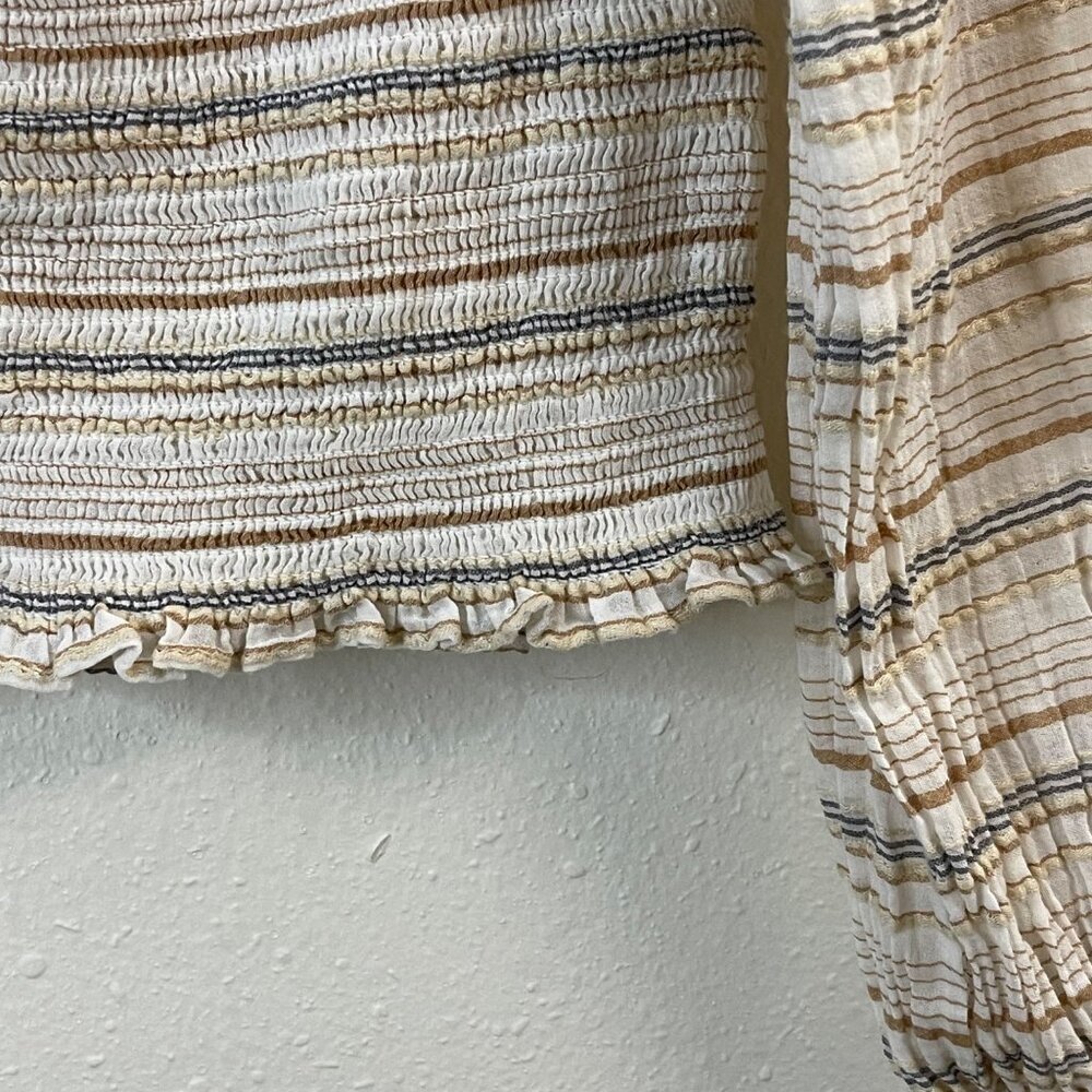Striped Smocked Square Neck Crop Top With Long Balloon Sleeves In Neutral Stripe - Picture 6 of 13